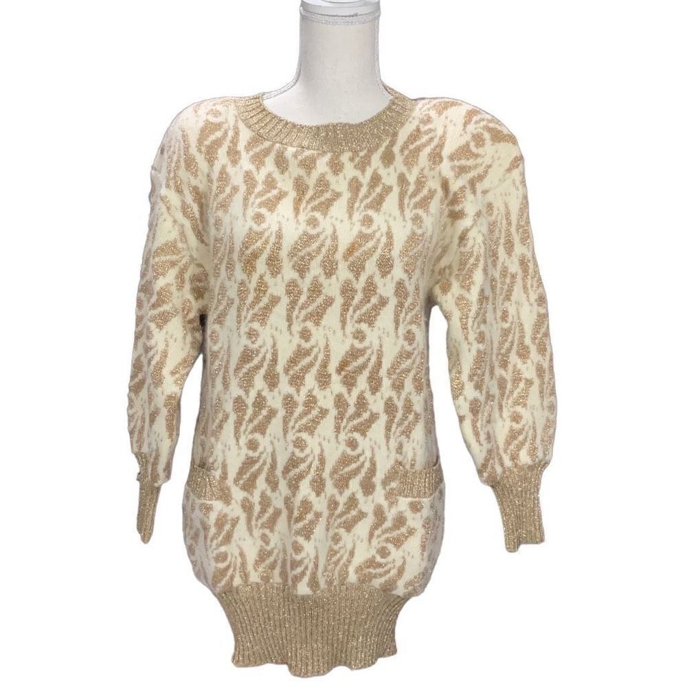 Marisa Christina Vintage Ivory Gold Metallic Holiday Sparkle Sweater Wool Angora